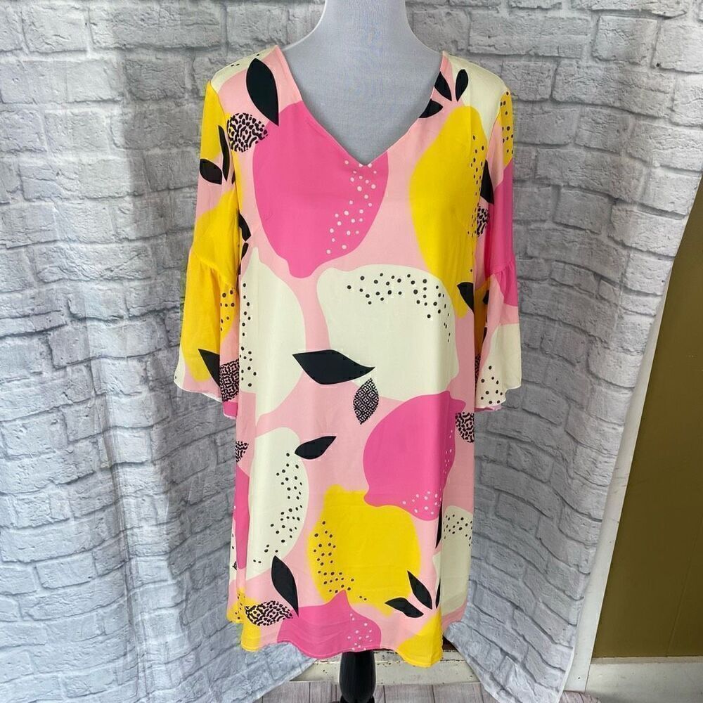 Feifeiyu women L v-cut lemon print fully lined shift dress 3/4 flutter sleeve